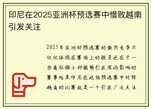 印尼在2025亚洲杯预选赛中惜败越南引发关注
